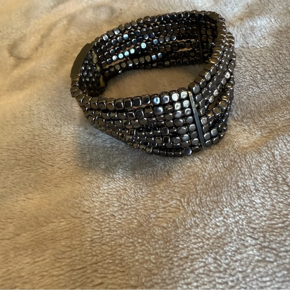 Gunmetal‎ Gray Faceted Beads & Crystal 1” Wide Slip On Bracelet